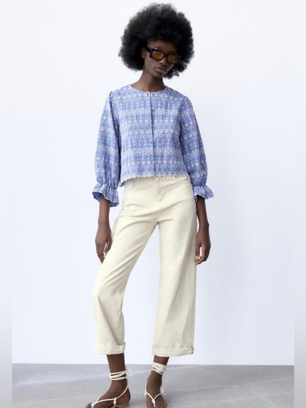 Zara cotton light blue embroidered blouse size XS - Picture 2 of 14